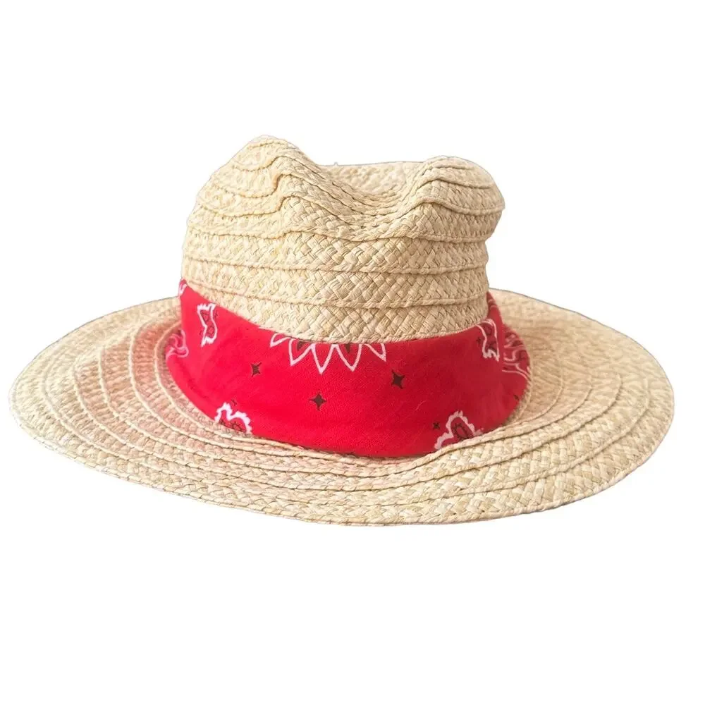 Tan Straw Hat Red Paisley Bandana Tie. Sun Hat Beach Summer Medium/Large NWOT - Picture 2 of 8